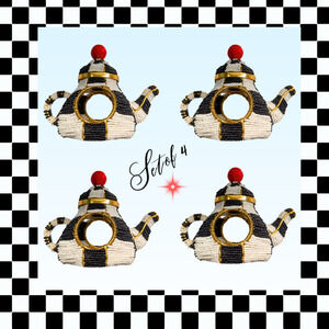 MacKenzie Childs Courtly Check Napkin Rings Beaded Tea Pot Set of 4